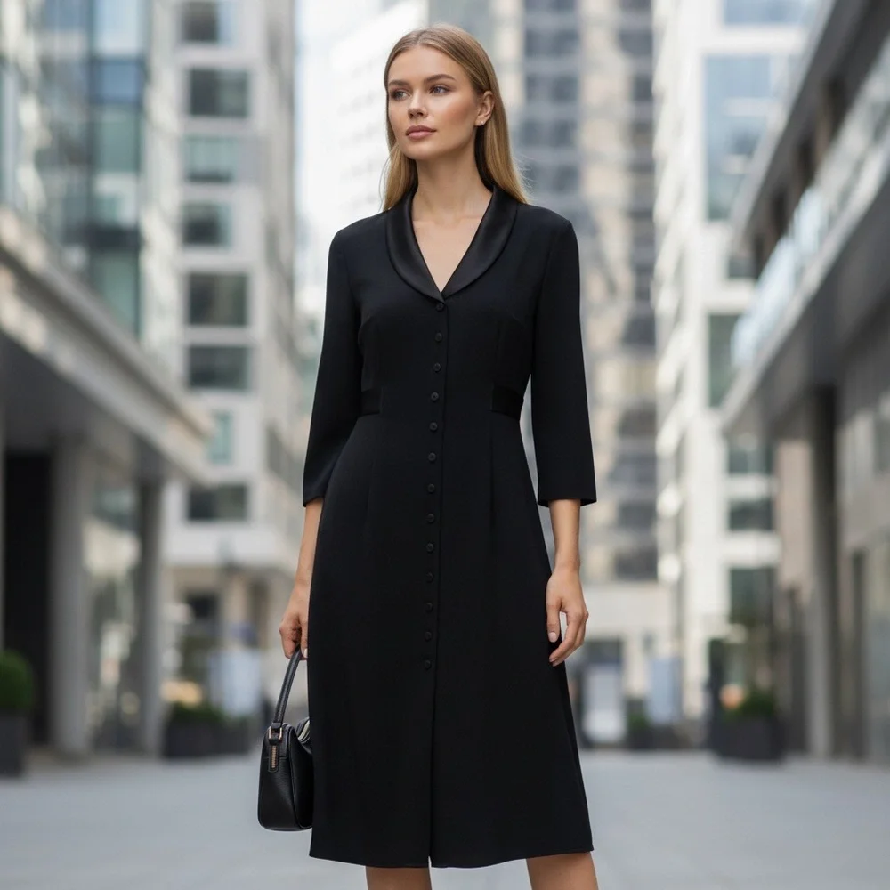 David Warren Luxe In The City Black Tuxedo Button Front Midi Coat Dress 90’s